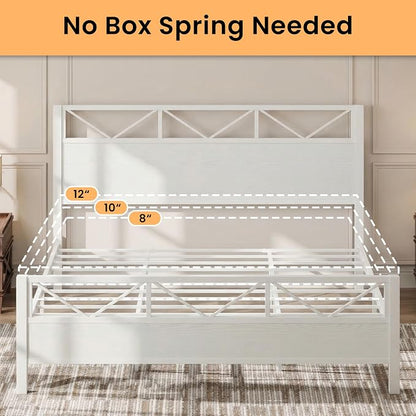 LIKIMIO King Size Bed Frame, Tall Modern Headboard 51.2 ", Platform Bed Frame with Strong Metal Support, Solid and Stable, Noise Free, No Box Spring Needed, Easy Assembly, White