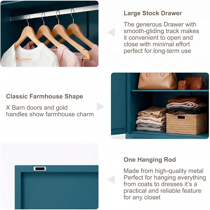 71" H Blue Closet,Armoire Wardrobe Closet,Metal Wardrobe Closet with Doors and Shelves,Large Wardrobe Closet for Bedroom