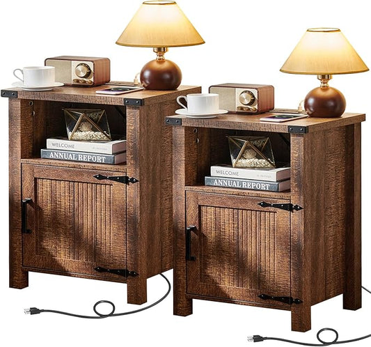 Joaxswe Night Stand Set of 2, 18 Inch Farmhouse Nightstand with Charging Station and USB Port, Rustic Wood Bedside Table with Magnetic Door, Bed Side Tables for Bedroom, Reclaimed Barnwood