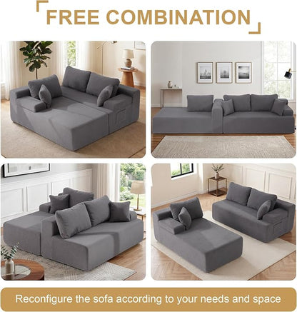 Hobestluk Modular Sectional Sofa Couches L-Shape Couch 3 Seat Modular Sofa Memory Foam Sectional Couches for Living Room, Cloud Couch with Oversized Chaise (Grey Smooth, 96", Left Hand Facing)