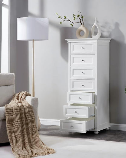 Tall Skinny Dresser for Bedroom with 7 Drawers, White Narrow Wood Dresser | Tall Vertical Chest of Drawers Dresser for Closet Storage, Silent Glide System, Zinc Alloy Knobs, 20" W x 16.5" D x 52" H