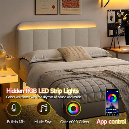 Adjustable Headboard for Full/Queen Size Bed Frame, Linen Fabric Bed Headboard with Storage & RGB LED Light in Modern Vertical Channel Design, White
