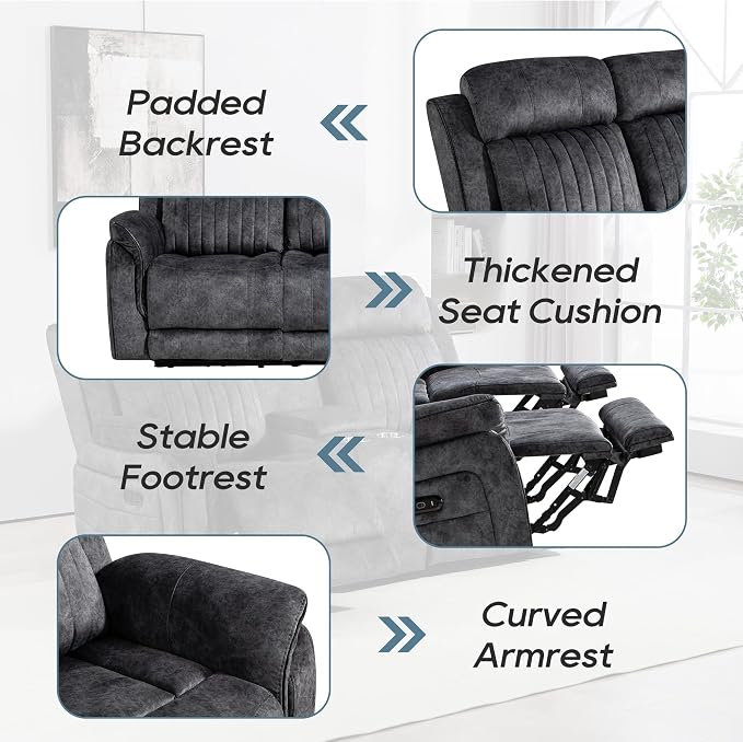 Zero Gravity Power Reclining Sofa with Adjustable Headrest, Electric Reclining Couch with Wireless Charge, USB Ports, Power Loveseat Recliner Sofa for Living Room (Grey-Sofa)