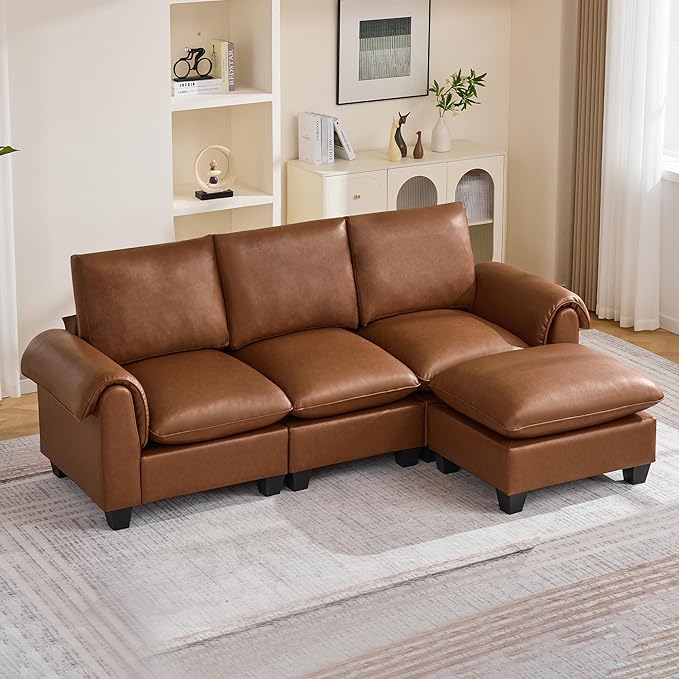 96" Faux Leather Modular Sectional Sofa with Movable Ottoman, Oversized 3 Seater Couch with Curved Armrests, Cloud Modern L-Shaped Sofa Deep Seat for Living Room, Brown