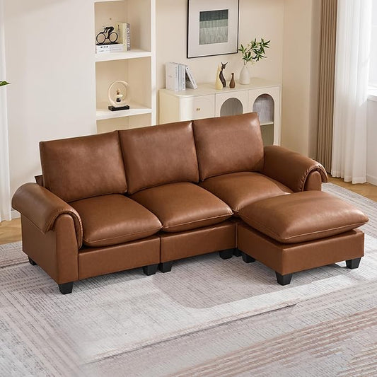 96" Faux Leather Modular Sectional Sofa with Movable Ottoman, Oversized 3 Seater Couch with Curved Armrests, Cloud Modern L-Shaped Sofa Deep Seat for Living Room, Brown