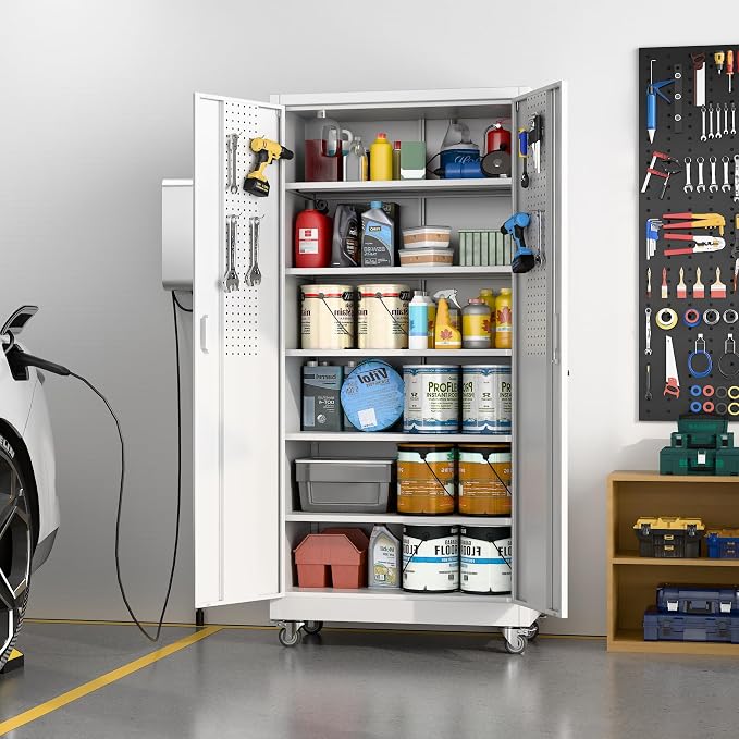 SUXXAN Garage Storage Cabinet with Pegboard and 5 Adjustable Shelves, 71'' x 32'' x 16''Metal Lockable Cabinet with Magnetic Doors,Tool Storage,Home Office Garage,Gym,School(White)