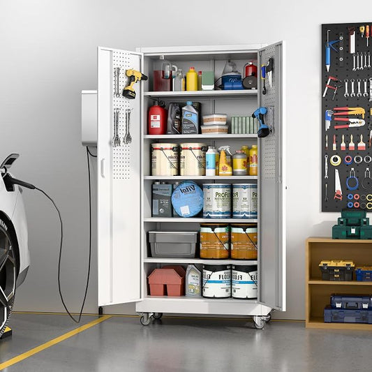 SUXXAN Garage Storage Cabinet with Pegboard and 5 Adjustable Shelves, 71'' x 32'' x 16''Metal Lockable Cabinet with Magnetic Doors,Tool Storage,Home Office Garage,Gym,School(White)