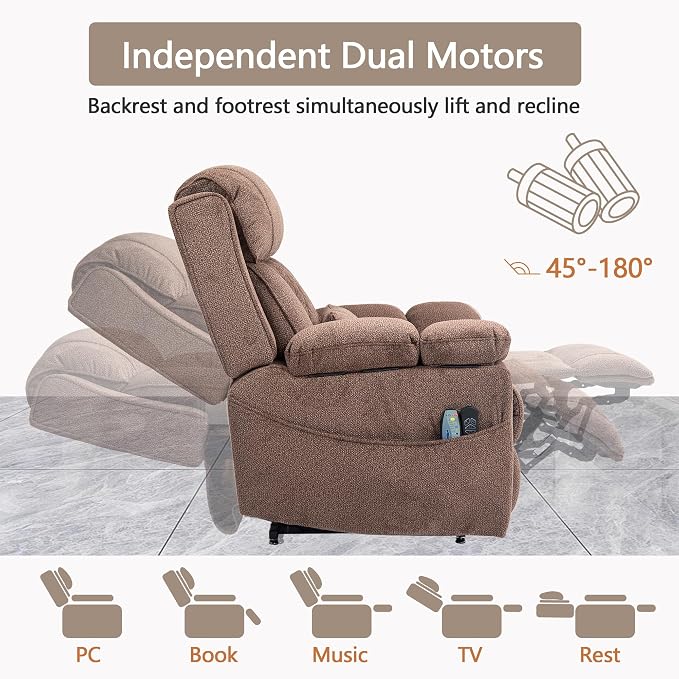 FUNECORP Big Man Power Lay Flat Lift Chair Oversized Recliner Dual Motor Heat Vibration for Elderly, Overstuffed Electric Extra Wide Recliners with Flip Arm Storage Cup Holders,USB Type C Charging