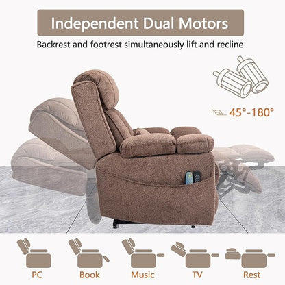 FUNECORP Big Man Power Lay Flat Lift Chair Oversized Recliner Dual Motor Heat Vibration for Elderly, Overstuffed Electric Extra Wide Recliners with Flip Arm Storage Cup Holders,USB Type C Charging