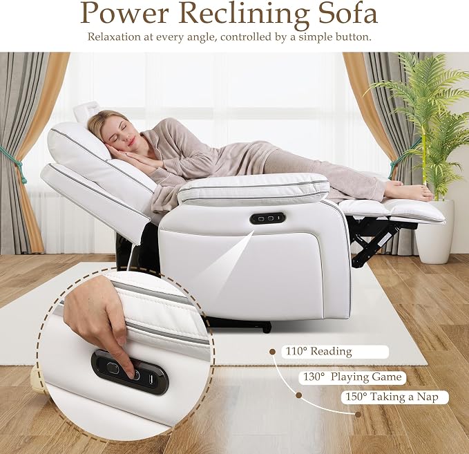 Power Reclining Sofa with Fold Down Table, Breathable PU Leather Electric Reclining Couch, 3 Seater Recliner Sofa with Power Outlets/USB-C/A Ports for Living Room(White, 3 Seat)