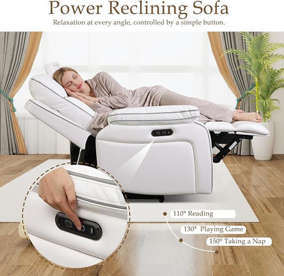 Power Reclining Sofa with Fold Down Table, Breathable PU Leather Electric Reclining Couch, 3 Seater Recliner Sofa with Power Outlets/USB-C/A Ports for Living Room(White, 3 Seat)