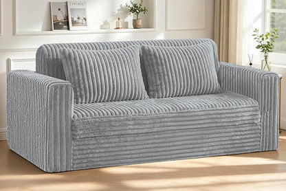 HABUTWAY 68" Loveseat Boneless Couch, 4-in-1 Convertible Sofa Bed, Plush Fur Folding Futon Sofa Bed Couches with 2 Pillows for Living Room, High-Density Foam Support, No Assembly Required, Light Grey