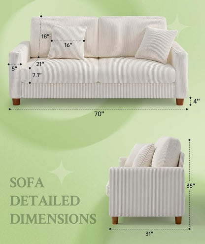 Welzona 70.2" Couches for Living Room, Comfy Beige Couch 7.1" Extra Thick Cushion, Sofas for Living Room Tool-Free Setup, Loveseat Sofa 705lbs Support, Corduroy Couch for Bedroom, Apartment, Office