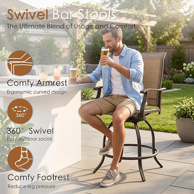 Kozyard Isabella Outdoor Swivel Bar Stools, Counter Height Patio Swivel Chairs with Textilene Seat, Outdoor Bar Height Chairs for Backyard, Bistro, Patio Bars, Beige