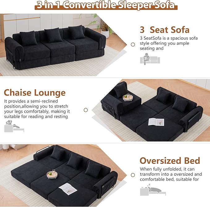 Cloud Modular Sectional Sofa, Foldable Floor Couch Bed, Convertible Sleeper Sofa Bed, Fold Out Boneless Couches for Living Room, Office, Guest Room, Apartment (3 Seater Couch, Black)