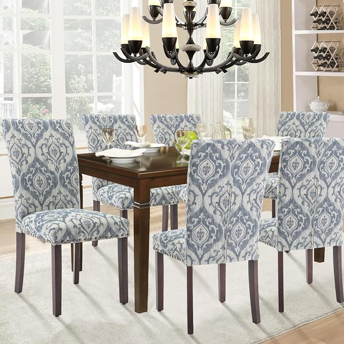 Parsons Dining Chairs Set of 4, Upholstered Nailhead Dining Room Kitchen Side Chair with Thick Cushions and Wood Legs, White/Blue