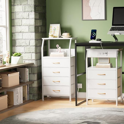 Furnulem Night Stand with Charging Station, Dresser with PVC & Fabric Drawers, 33.3 Inch Side Table with Open Shelf, Tall Bedside Table for Closet, Entryway, Bedroom Furniture, 3 Ways to Use, White