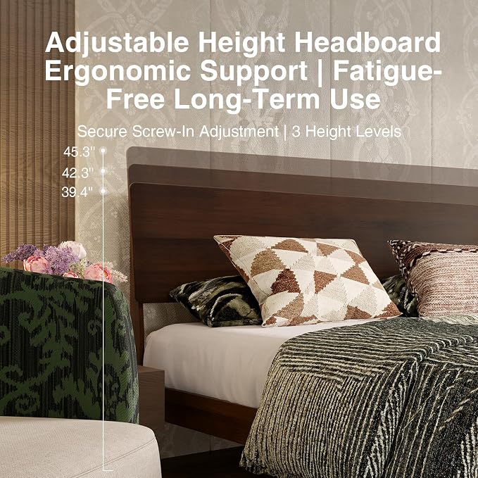 Novilla King Size Bed Frame with 3-Level Adjustable Storage Headboard, Solid Wood Platform Bed Frame with Slats, No Box Spring Needed, Noise Free, Walnut Finish for Master Bedroom and Guest Room