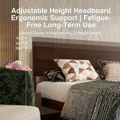 Novilla King Size Bed Frame with 3-Level Adjustable Storage Headboard, Solid Wood Platform Bed Frame with Slats, No Box Spring Needed, Noise Free, Walnut Finish for Master Bedroom and Guest Room