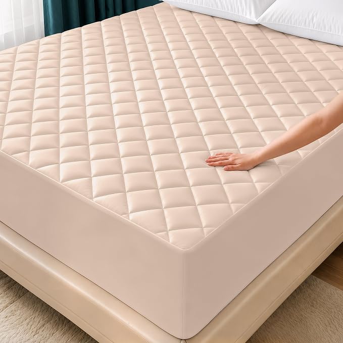 Quilted Fitted Mattress Pad, Queen Mattress Protector Topper with Deep Pocket Stretches up to 16 Inches, Machine Washable Mattress Cover by Utopia Bedding (Beige)
