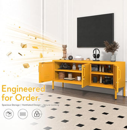 Metal Storage Cabinet with Adjustable Shelves Lockable TV Stand Home Tool Metal Cabinet Easy Assembly Yellow 22" H X 47.3" W X 13.8" D