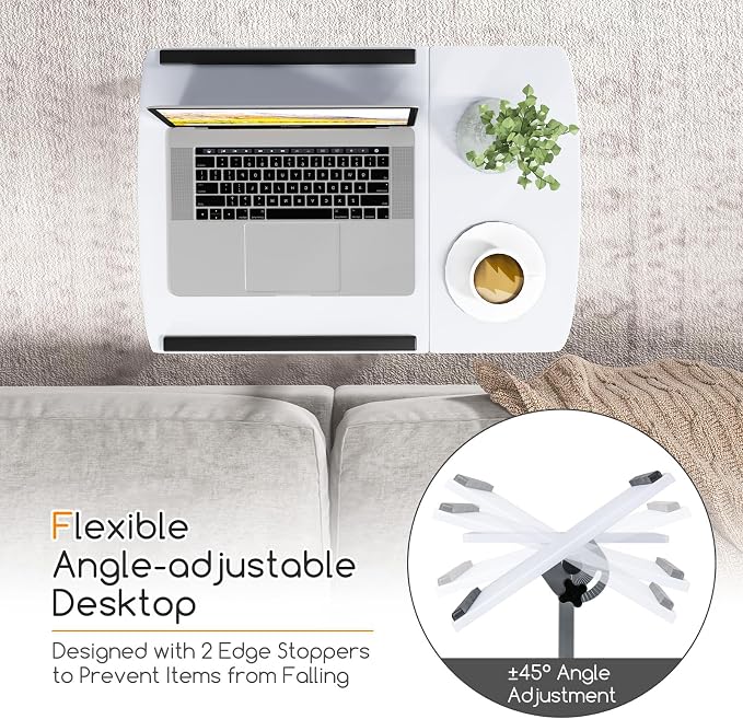 Tangkula Mobile Overbed Table Couch Table, Rolling Angle & Height Adjustable Laptop Stand Cart, Desk with Smooth & Lockable Wheels, Tray Table for Bed Sofa Side Table (White)
