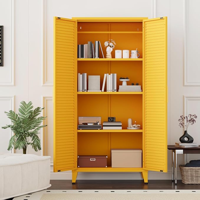 61 "H Yellow Metal Cutlery Cabinet with Door Freestanding Kitchen Cabinet with 3 Adjustable Shelf Side Panels, Suitable for Kitchen, Living Room, Dining Room Metal Cabinet,Requires Assembly