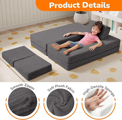 MeMoreCool Modular Kids Couch, Corduroy Play Toddler Couch for Bedroom Playroom Furniture, Convertible Foam Kids Sofa Bed, Fold Out Baby Sofa for Girl Boy, Dark Grey