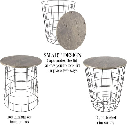 End Tables Set of 2 - Nesting Tables with Removable Wood Tops and Metal Basket Bases for Blanket Storage - Round Side Furniture for Living Room, Bedroom, or Home Office by Lavish Home (Gray/Black)