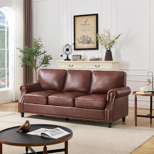 Kingfun Mid-Century Modern Couch, Faux Leather Sofa, 3 Seater Couch for Living Room with Rolled arms & Nailhead Trim, Dark Coffee