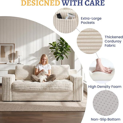 Boneless Couch, Cloud Loveseat Sofa Corduroy Couch in a Box, Upholstered Boneless 3 Seater Couch for Living Room Bedroom Office Apartment, No Assembly Required, Beige