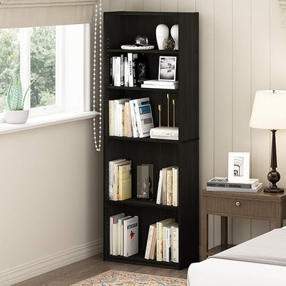 Furinno Jaya Book Shelf Set of 2, 5-Tier Bookshelf, Bookcase, with Adjustable Shelf, 9.5 x 24.5 x 71, for Home Office, Living Room, Espresso