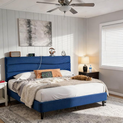 EnHomee Queen Bed Frame with Upholstered Headboard,Adjustable Height Platform Bed,Charging Station,No Box Spring Needed,Easy Assembly,Noise-Free,Navy Blue