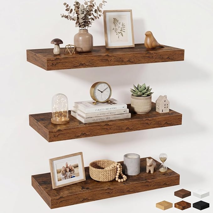 Fun Memories 24 Inch Floating Shelves Wall-Mounted, 10 Inch Deep Wall Shelves, 24 x 10 Floating Shelf for Living Room Bathroom Bedroom, Rustic Brown, Set of 3
