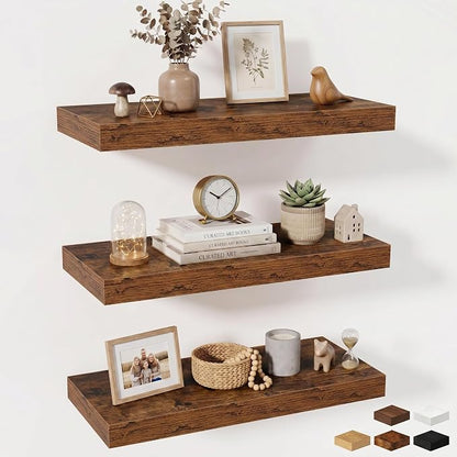 Fun Memories 24 Inch Floating Shelves Wall-Mounted, 10 Inch Deep Wall Shelves, 24 x 10 Floating Shelf for Living Room Bathroom Bedroom, Rustic Brown, Set of 3