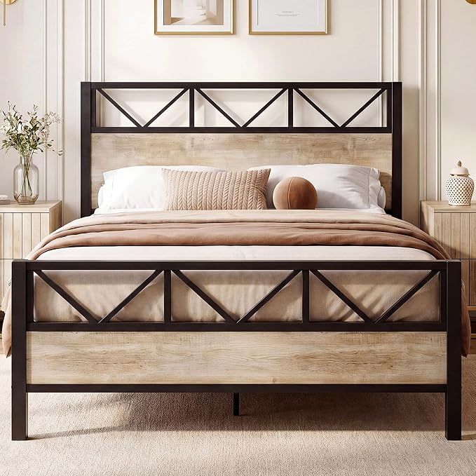 LIKIMIO Queen Bed Frame, Tall Modern Headboard 51.2 ", Platform Bed Frame with Strong Metal Support, Solid and Stable, Noise Free, No Box Spring Needed, Easy Assembly, White Maple