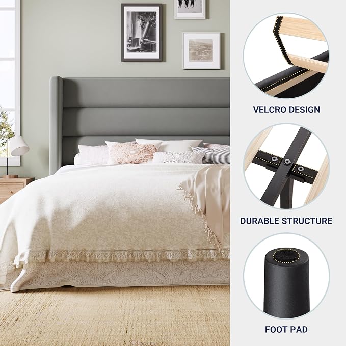 Allewie King Size Platform Bed Frame with Velvet Upholstered Wingback Headboard, No Box Spring Needed, Under Bed Storage Space, Strong Wooden Slats, Modern Mattress Foundation, Easy Assembly, Grey