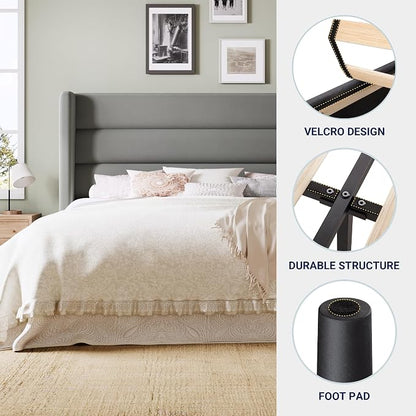Allewie King Size Platform Bed Frame with Velvet Upholstered Wingback Headboard, No Box Spring Needed, Under Bed Storage Space, Strong Wooden Slats, Modern Mattress Foundation, Easy Assembly, Grey