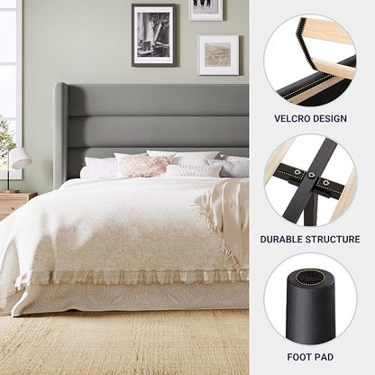 Allewie Queen Size Platform Bed Frame with Velvet Upholstered Wingback Headboard, No Box Spring Needed, Under Bed Storage Space, Strong Wooden Slats, Modern Mattress Foundation, Easy Assembly, Grey