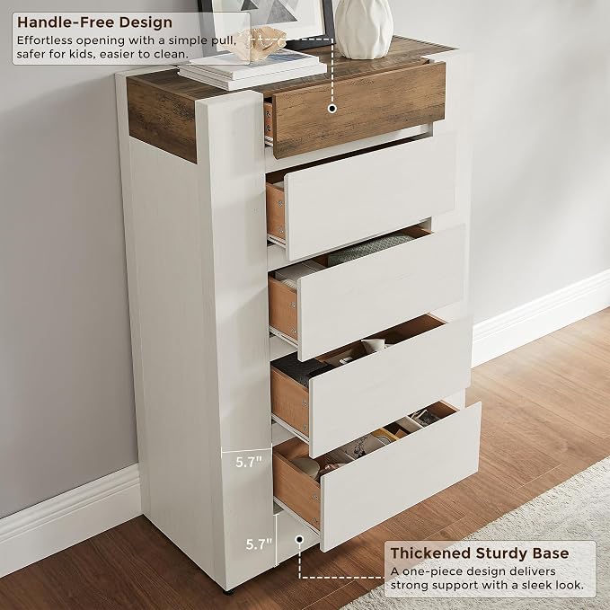 OKD 5 Drawer Dresser for Bedroom, 48" Tall Dresser Chest of Drawers with Thick Wood Design, Handleless, Modern Bedroom Dresser, Storage Organizer for Living Room/Entryway, Antique White