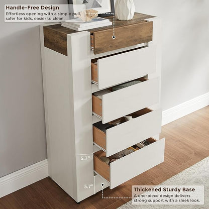 OKD 5 Drawer Dresser for Bedroom, 48" Tall Dresser Chest of Drawers with Thick Wood Design, Handleless, Modern Bedroom Dresser, Storage Organizer for Living Room/Entryway, Antique White