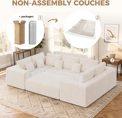 Luxanimarion 136'' Large Sectional Cloud Couches with Chaise, U Shaped Boneless Sofa Bed with Ottoman, No Assembly Required Deep Seat Modular Lounge for Living Room 4PCS Set, Bedroom(Beige)