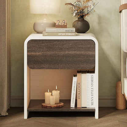 Modern Nightstands Set of 2,Bedside Table with Open Shelf,Night Stand with Drawer Storage,Wooden End Table for Bedroom, Side Table White and Walnut