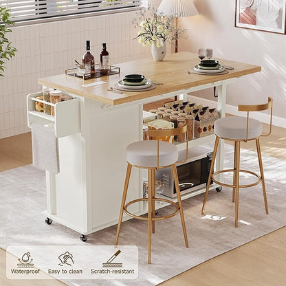 ONBRILL 56" Kitchen Island with Drop Leaf, Rolling Kitchen Cart with Trash Cabinet, Power Outlet, 2-Tier Open Shelves, 3 Drawers, Spice & Paper Towel Racks, 6 Wheels (4 Locking) for Dining Room, White