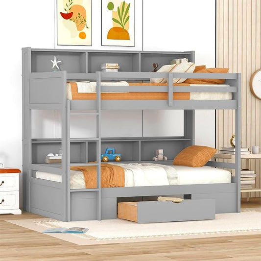 RUNNA Twin Bunk Bed with Storage Drawer,Shelves,Ladder,Gray | Twin bunk bed with storage drawer, shelves, ladder, guardrails, solid wood, no box spring needed, white, kids teens