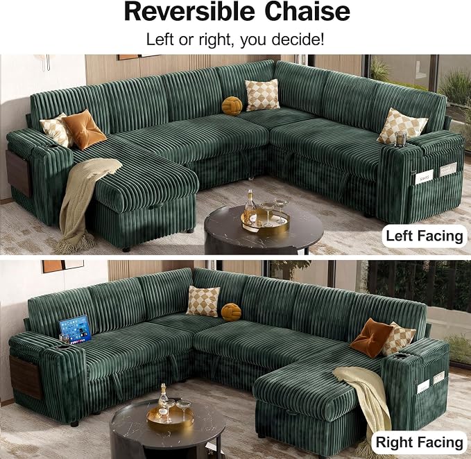 Vipbear 111" Modular Sectional Sleeper Sofa with Pull Out Bed, 7 Seat Plush Corduroy L Shaped Couch with Storage Chaise|USB Ports|Cup Holders|Side Table|Storage Armrests, Tool Free Assembly, Green