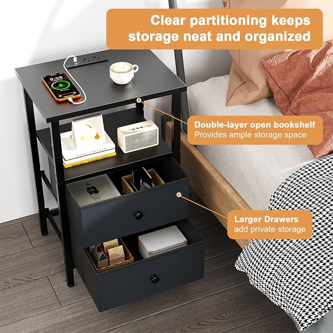 Nightstand with Charging Station, Bedside End Table with 2 Fabric Drawers for Bedroom, Side Table with USB Ports and Outlets (Black)