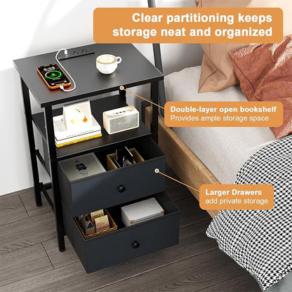 Nightstand with Charging Station, Bedside End Table with 2 Fabric Drawers for Bedroom, Side Table with USB Ports and Outlets (Black)