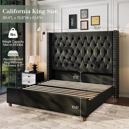 Jocisland Cal King Bed Frame 61.4" Tall Headboard Velvet upholstered,Black | Wingback Headboard,Full Back Support for Tall People,Handcrafted Pleats&Deep Button,Noise-Free,Solid Wood Legs,Easy Assembly