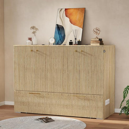 Full Size Murphy Bed Cabinet: Modern Murphy Bed Full Oak, Natural Wood Hidden Beds Cabinet with Charging Station, Fluted Hideaway Beds for Apartments (Oak-Stripe)